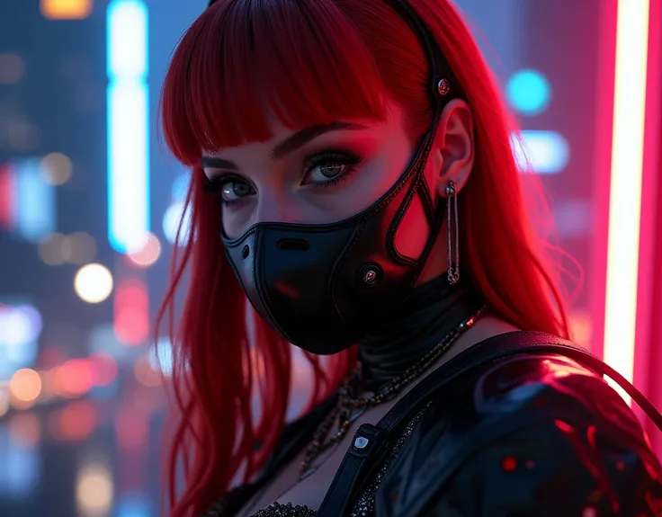 ((Very beautiful girl)), 8k, Young beautiful girl, ((dark red hair)), red long hair, with bangs, complex makeup, big breasts, ((perfect breasts)), ((medical mask on mouth)), black medical leather mask, ((big expressive black eyes)), big eyes, ideally beaut...