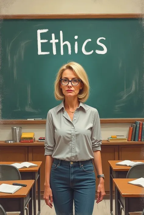 Drawing of a middle-aged woman, Female teacher, inside a classroom, teaching, in front of the blackboard. The name of the subject is written on the blackboard: ethics. A Female teacher usa o cabelo na altura média, blond, wears glasses and looks like Bolso...