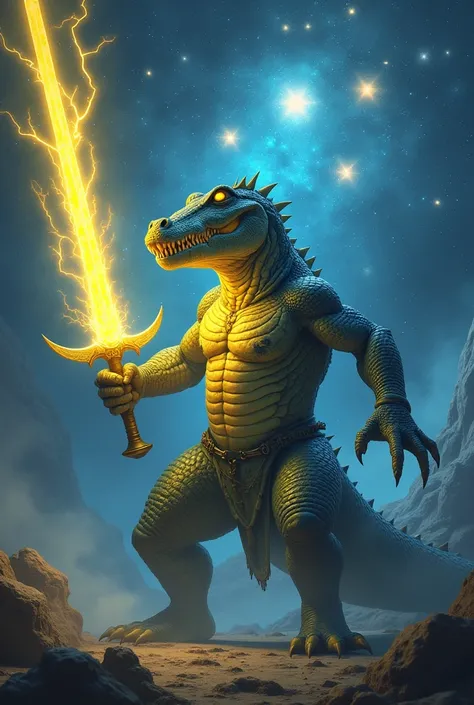 Create a blue humanoid reptilian being similar to an adult-sized alligator with pulsating yellow eyes holding an electric yellow sword and behind him is the Pleiades constellation. 