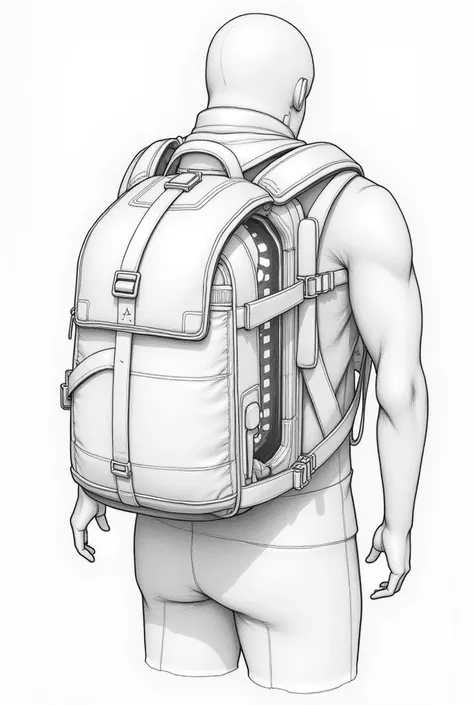 a sketch of a transformable multifunctional backpack ,with internal led light a sketch drawn with pencil, to look inside, all its parts,with a with pockets, pero to look inside all its parts

