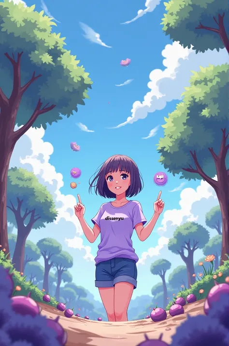 Anime girl with short jeans, Light purple t-shirt with the text “dissenyu” in black, by the wide, seeds, chestnut, admiring artificial intelligence as if it were a universe yet to be discovered, with cartoons and phrases about artificial intelligence, abou...