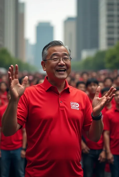 A MALAYSIAN MAN WEARING A RED SHIRT WITH THE HALO DELIVERY LOGO WITH HIS RIGHT HAND POINTING UP AS IF SPEAKING IN FRONT OF A CROWD