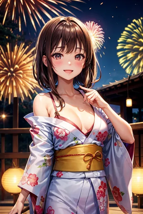 yukata、firework、Cleavage、Gaze, smile, Open your mouth, Brown Hair, Blushing, Small breasts、Background blur, 