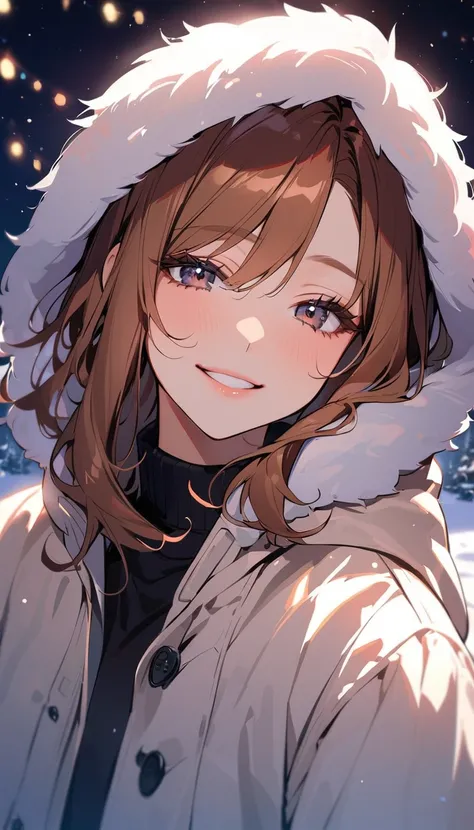 1woman, solo, brown hair, black eyes, detailed eyes, eyelashes, light lips, Close her eyes and smile, happy, 25years old, white duffle coat, fur,  looking at viewer, cowboy shot, snowy landscape, Film Lighting