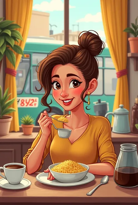 Cartoon style brown haired woman eating couscous in her kitchen where she has a cup and pot of coffee ,Through the window we can clearly see a bus passing by with the license plate LESMÃO de F.c.