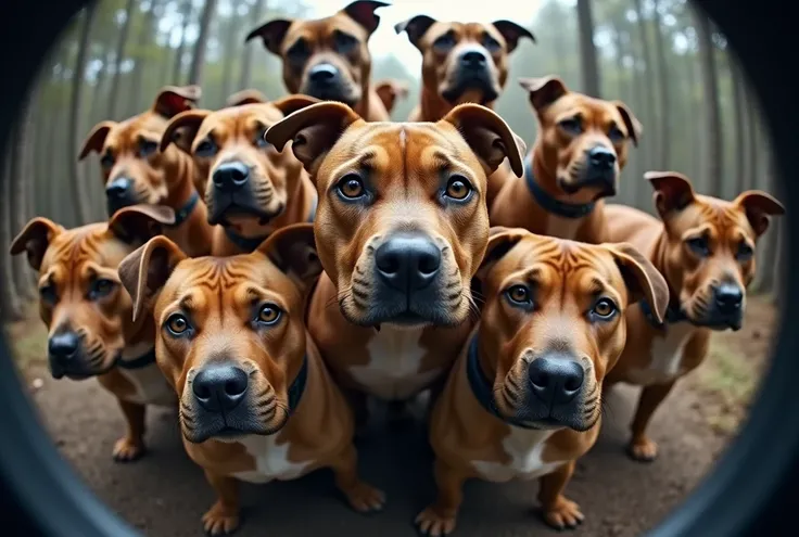 a group of 8 stafford bull terriers are looking at us, photographed with a 12mm wide-angle lens, fisheye style, pohled zeshora vysoké detaily srsti, very sharp, 8k