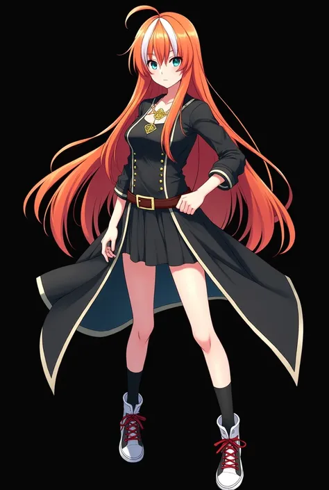 A full body image of an  girl, personagem do anime "JUJUTSU KAİSEN", she is very beautiful, with long, straight, fire-colored hair with two white streaks highlighted in the front, framing your face. She has blue-green eyes and pale skin.. she is a Wiccan, ...