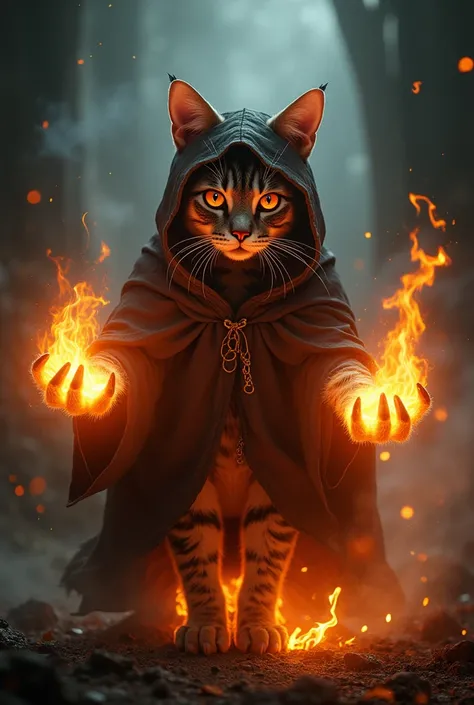 A cat who were a hudi. His hand have fire