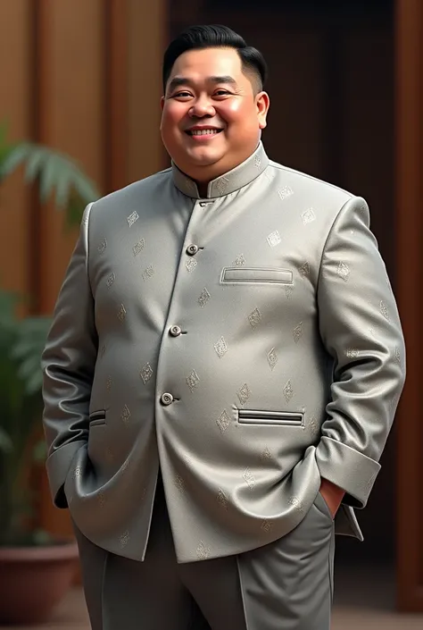 A man with a slightly plump body wears a short light gray diamond flower pattern songket coat and gray slacks