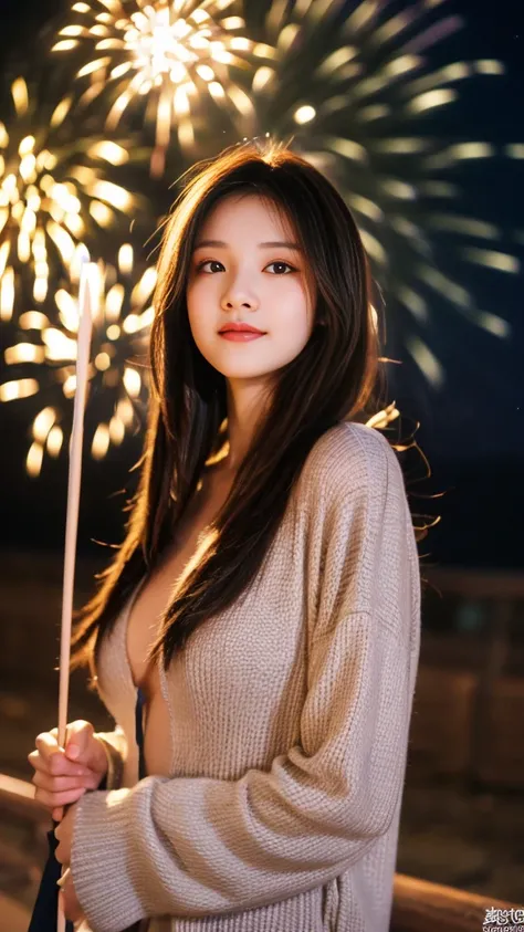 high resolution、Japanese women、Beauty、cute、Brown long hair hairstyle、Small face、Beautiful skin、Large breasts、Reality Stick、night、（Fireworks:1.5）、outside、Sexy pose、Sexy look、Long-sleeved yukata