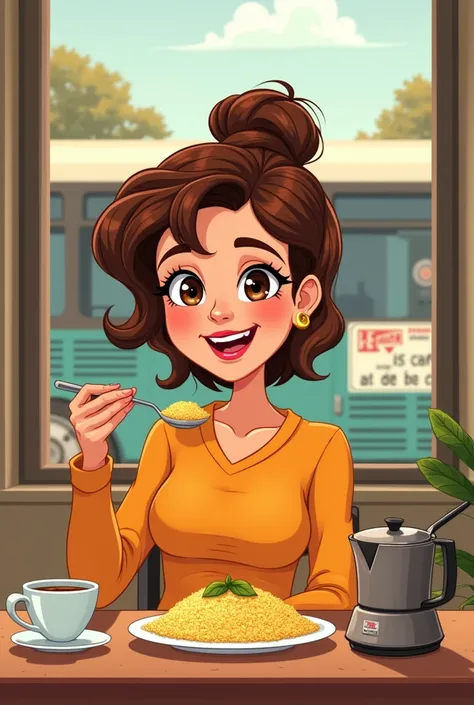 Cartoon style brown haired woman eating couscous in her kitchen where she has a cup and pot of coffee ,Through the window we can clearly see a bus passing by with the license plate LESMÃO de F.c.