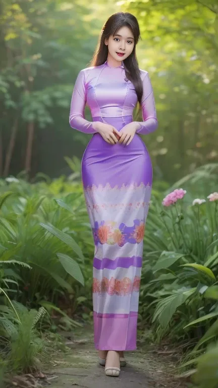 Attractive curvy full body Myanmar girl.  High hips, big hips, friends bodysuits,  ((Mostly colored silk dress)) A long dress painted with reflective flowers.  A single outfit.  ((full body))hi gh hips High resolution tion High resolution nature background...