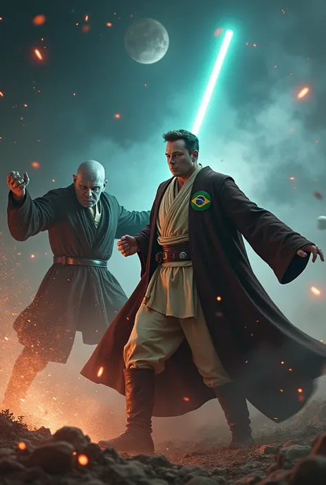 Image of Elon Musk wearing a Star Wars obi outfit with a Brazilian patch kicking VoldemorT away in a battle; insert Voldemort flying away