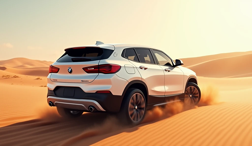 Give me a competative image of ( BMW X2 ) ( white ) back view in desert 