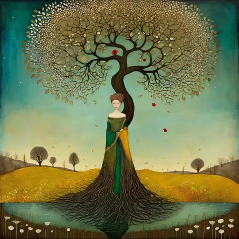 In the Style of Andy Kehoe and Tracy Grimwood, Catrin Welz-Stein. oil and acrylic painting catrin welz-stein, Gabriel Pacheco. yggdrasill tree, large roots sinking into the ground, branches rising high into the sky, intricate geometries of polychrome glass...