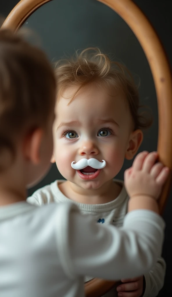 Create UHD photorealistic realistic photo, no animation, no 3D image, no Pixar style animation, no extra fingers. 30-month-old Italian-French toddler with milk mustache, looking in mirror, pretending to groom. Sony A7R IV, 85mm f/1.4 lens for bokeh. Studio...