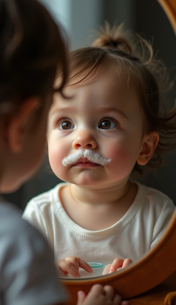 Create UHD photorealistic realistic photo, no animation, no 3D image, no Pixar style animation, no extra fingers. 30-month-old Italian-French toddler with milk mustache, looking in mirror, pretending to groom. Sony A7R IV, 85mm f/1.4 lens for bokeh. Studio...