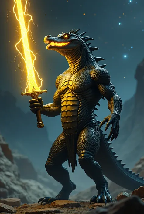 Create a black humanoid reptilian being similar to an adult-sized crocodile and its eyes are pulsating yellow holding a sword of electric yellow color and behind it is the constellation of the Pleiades and Orion 