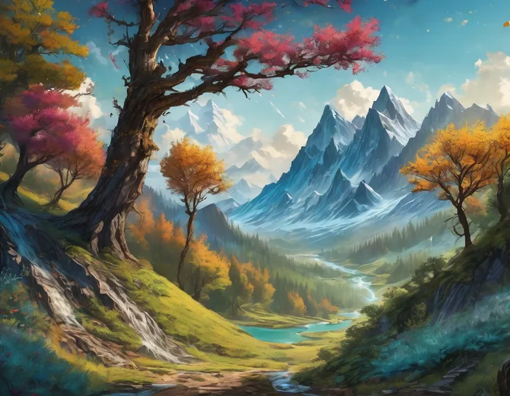 A stained and tattered old page of digital painting depicting a detailed mountain landscape with a road and a tree, showcasing a high level of detail and vibrant scenery art, detailed mark in the middle of the book,whimsical nature, creating a beathtaking ...