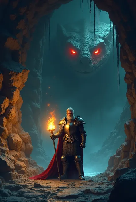 A knight sits at the door of a cave holding a torch looking at two huge snake eyes inside