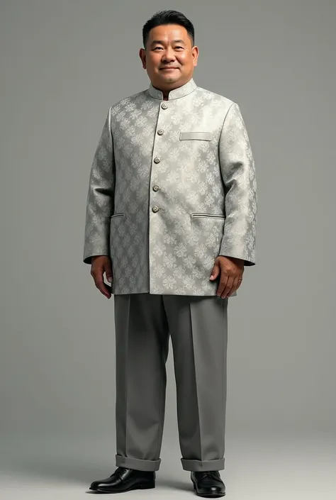 A stout man wearing a short light gray diamond flower pattern songket coat and gray slacks