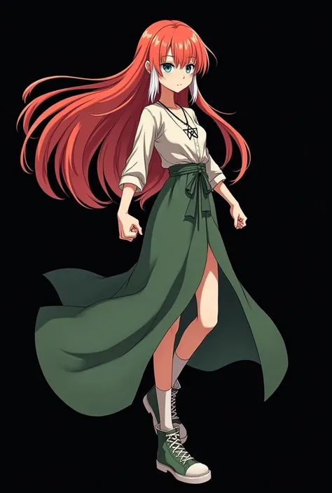 A full body image of an elderly girl, personagem do anime "JUJUTSU KAİSEN", she is very beautiful, with long, straight, fire-colored hair with two white streaks highlighted in the front, framing your face. She has blue-green eyes and pale skin.. she is a W...