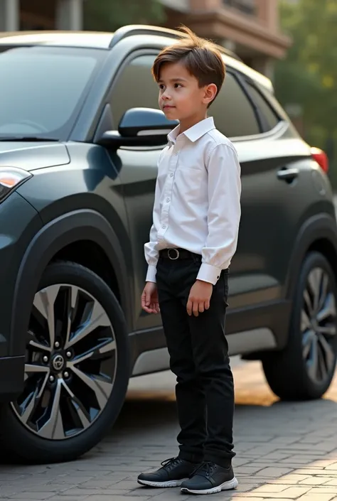 A boy in black pant and white shirt  side black hundai creta 