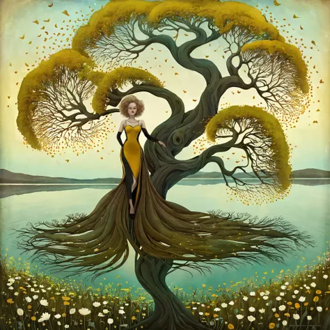 In the Style of Andy Kehoe and Tracy Grimwood, Catrin Welz-Stein. oil and acrylic painting catrin welz-stein, Gabriel Pacheco. yggdrasill tree, large roots sinking into the ground, branches rising high into the sky, intricate geometries of polychrome glass...