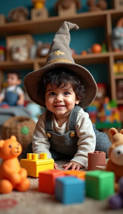 Create UHD photorealistic realistic photo, no animation, no 3D image, no Pixar style animation, no extra fingers. 26-month-old French-Moroccan boy in wizard hat, surrounded by toy chaos. Panasonic S1R, 16-35mm f/4 wide-angle lens. Multiple off-camera flash...