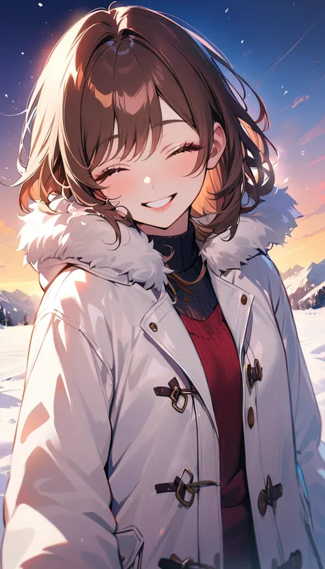 1woman, solo, brown hair, eyelashes, light lips, Close her eyes and smile, happy, 25years old, white duffle coat, fur,  looking at viewer, cowboy shot, opened mouth, snowy landscape, Film Lighting