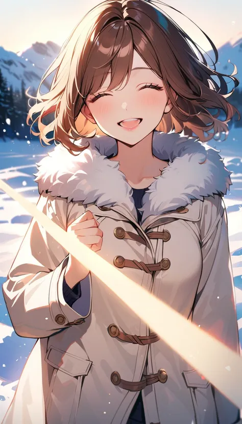 1woman, solo, brown hair, eyelashes, light lips, Close her eyes and smile, happy, 25years old, white duffle coat, fur,  looking at viewer, cowboy shot, opened mouth, snowy landscape, Film Lighting