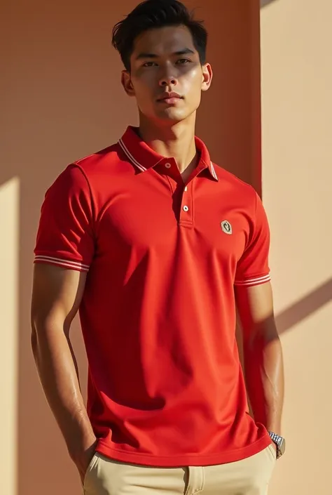 Promotional red and beige polo shirt, 2025