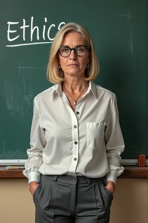 DRAWING OF A MIDDLE-AGED WOMAN, blonde, with hair at medium height, wears glasses and looks like Bolsonaro with a wig. Teaching in front of a blackboard, writing the word: ethics