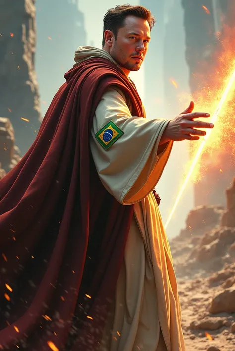 Image of Elon Musk wearing a Star Wars obi outfit with a Brazilian patch with lifting power over Voldemort away in a battle; insert Voldemort flying away