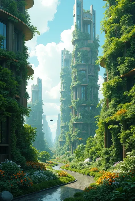 "Create an image that combines a futuristic setting with natural elements. Show an advanced city where nature and technology coexist harmoniously. Include skyscrapers covered in vegetation, such as vertical gardens and trees growing along the structures. A...