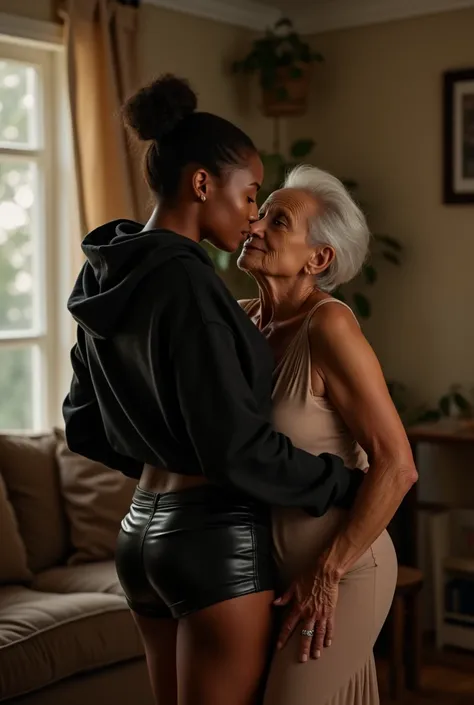 black woman hair in a bun black hoodie black leather short shorts getting fucked in the ass by a old age white grandma in a dress in a living room
