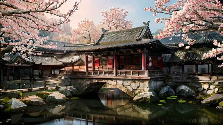 sakura cherry blossom garden, chinese imperial castle, traditional japanese garden, tranquil pond, stone bridge, pagoda, flowers...