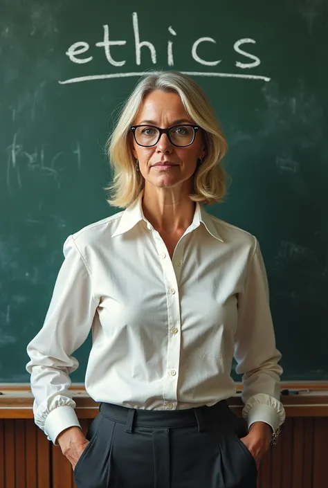 DRAWING OF A MIDDLE-AGED WOMAN, blonde, with hair at medium height, wears glasses and looks like Bolsonaro with a wig. Teaching in front of a blackboard, writing the word: ethics