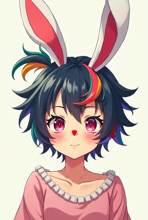 Shortcuts, Colorful Hair, Side Ponytail, Bunny ears, Hide your ears, Nose bright red, Character portrait, Anime Style, Japanese illustration style, 