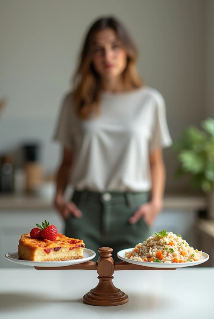 image of a white scale, On one side of the scale there is a piece of cake and pizza and on the other a healthy plate of rice and beans, with a woman in the background wearing normal home clothes, ultra realistic pictures