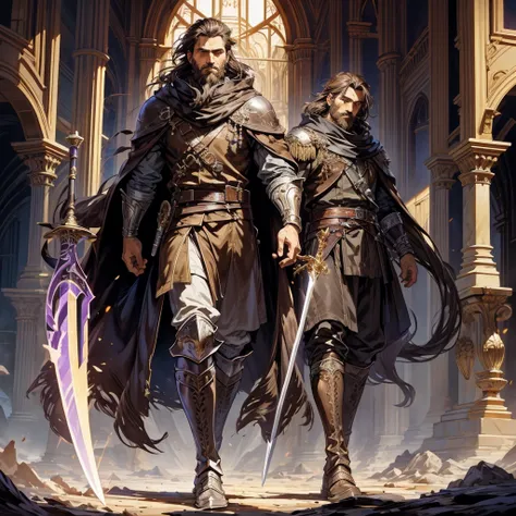 {{masterpiece, best quality, extremely detailed CG, unity 8k wallpaper, cinematic lighting}} Male with short brown hair, short beard, strong features, wearing violet and gold Nobles clothes, Leather boots, holding a sword, Flowing cloak