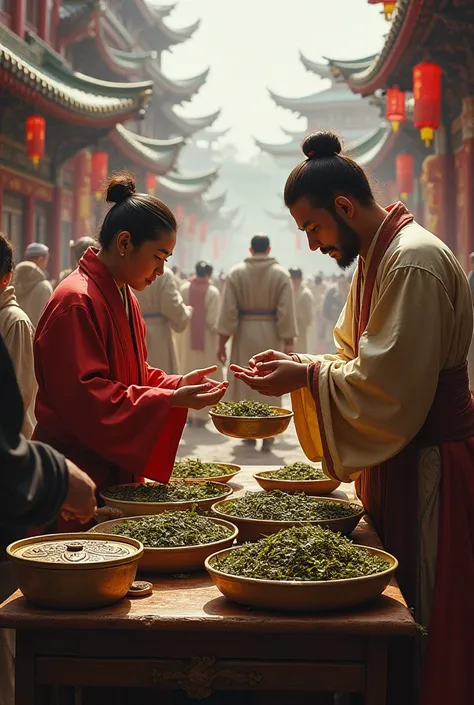 In ancient China, tea wasn’t just a drink—it was money ( create an image of this sentence)