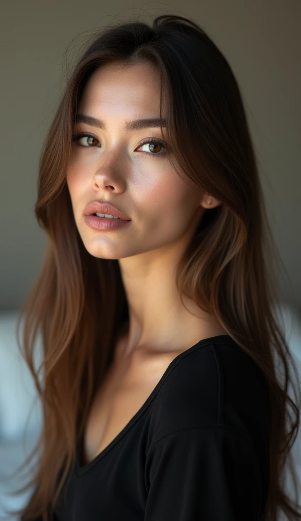 A close-up realistic of a woman with long straight brown hair, neutral expression, and natural makeup, set against a solid bedroom background. The woman is wearing a black top, and her gaze is directly at the camera. The image captures fine details in her ...