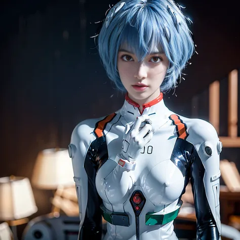 (8k, RAW photo, highest quality, refined details, Masterpiece: 1.2), (high resolution 8k wallpaper), sharp focus, professional lighting, depth of field, cinematic lighting, background blur, Evangelion Rei Ayanami. She is a Japanese woman with blue hair, re...