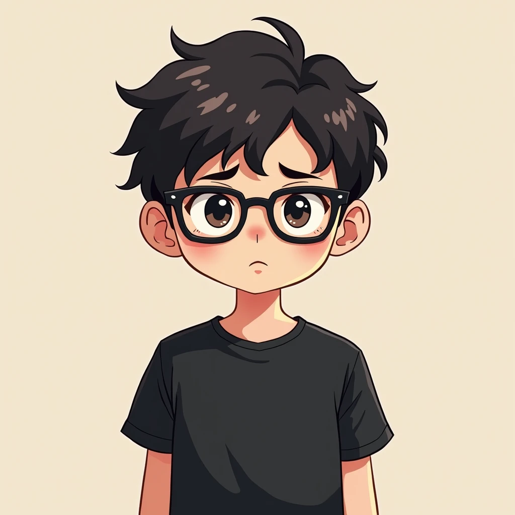 (masterpiece:1.2, Highest quality,Ultra-high resolution,Super detailed),8k,(Best illustrations:2.0),(Cute chibi man wearing a black T-shirt and glasses:2.0),(The man has a relaxed and suspicious expressions in the style hentai, aesthetic background,Very si...