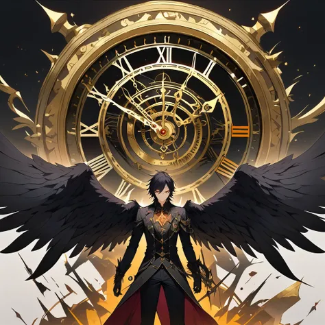 A male with black hair and wings standing in front of a clock, have a black wings, gold eye Solo, High Resolution, Simple background, 