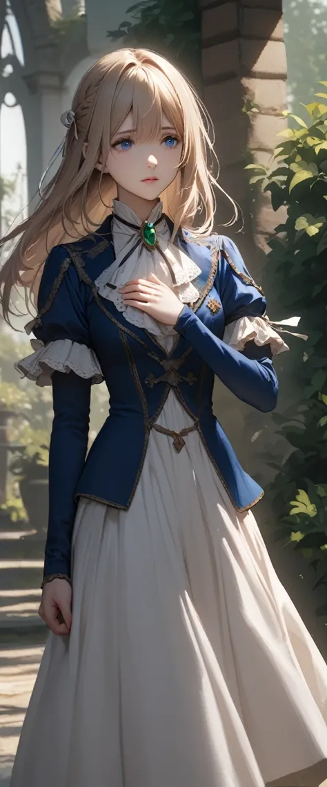 France in the 1890s。The main character of Violet Evergarden has blonde shoulder-length hair with a red ribbon.。She is wearing a classical aristocratic outfit based on ultramarine blue, with a white ribbon on her chest and an emerald necklace in the center....