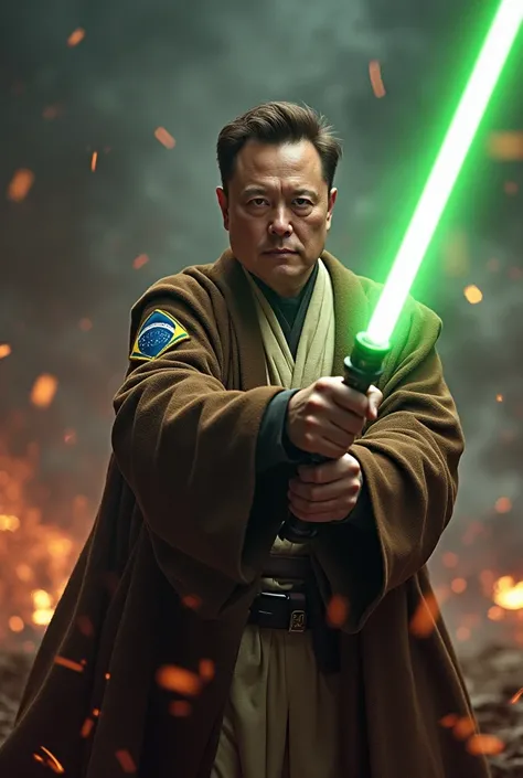 Image of Elon Musk wearing a Star Wars obi outfit with a Brazilian patch with lifting power over Voldemort away in a battle