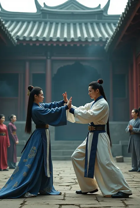 In the full Tang Dynasty, a beautiful princess wearing a dark blue and white dress, full of Tang Dynasty official regalia, was performing martial arts and holding a palm pose against a man, looking fierce. Inside an abandoned building outside the Tang Dyna...