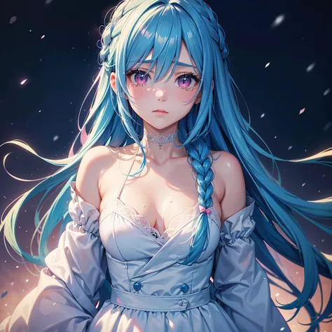 (Tying her sky blue hair into a single braid),(Pink Eyes),Fair skin,whole body,alone,Lonely face,tears,(Snowy Night),A lonely girl who got dumped just before Christmas,(masterpiece, Highest quality, Very detailed), Best Shadow,Detailed Background,Beautiful...